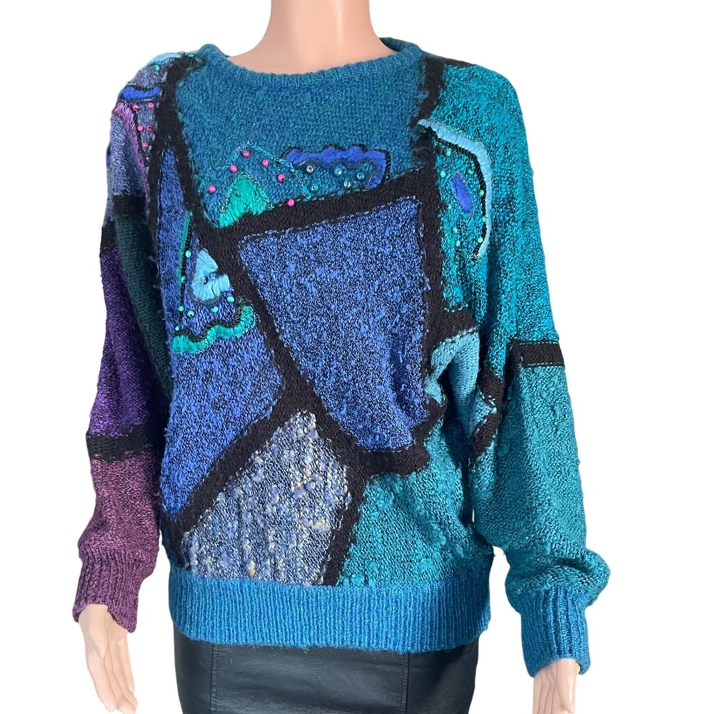 Marieakim Vintage Abstract Sweater M 80s 90s Colorblock Geometric Wool‎ Blend